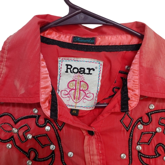 ROAR Western Button Down Shirt Embellished Distressed Coral Women's Med - Picture 6 of 12